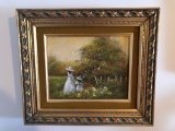 Oil on canvas scene of woman and child in flowered field.