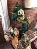 Garland Horse with Planter, Brass Bird Cage, Painted Watering Can with Artificial and Glass Flowers
