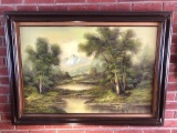 Signed oil on canvas, Pond and Mountain scene.