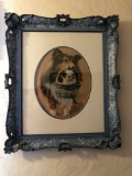 Collie and Kitten Art with Blue Carved Wood Floral Frame