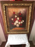 Oil on Canvas Roses in Vase Art Signed English