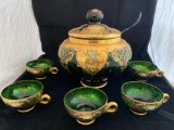 Italy enamel decorated punch bowl w/ six cups
