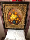 Flower Bouquet with Blue Vase Oil on Canvas with Carved Wood Frame