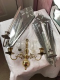 Floral Etched Mirror Wall Sconce Candle Holders with Glass Candles, Brass Candle Holder