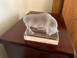 Signed Lalique solid glass bull paperweight, 3 1/2