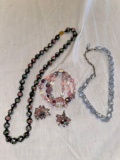 Lisner stone necklace, hand painted art glass necklace, Vendome bracelet & earrings.