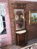 Antique Marble Hall Tree with Frosted Mirror