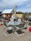 Glass top patio table with 6 chairs, umbrella and stand