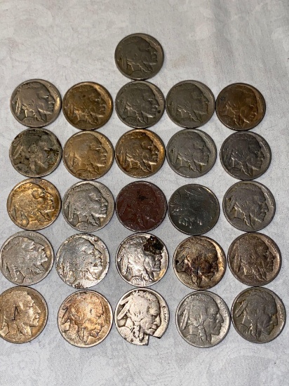(27) Buffalo nickels (1924, 1925, 1927, 1928, 1934, 1936 dates plus fifteen worn dates).