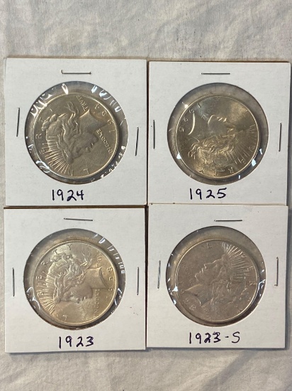 (4) Peace silver dollars (1923, 1923-S, 1924, 1925). Bid times four.