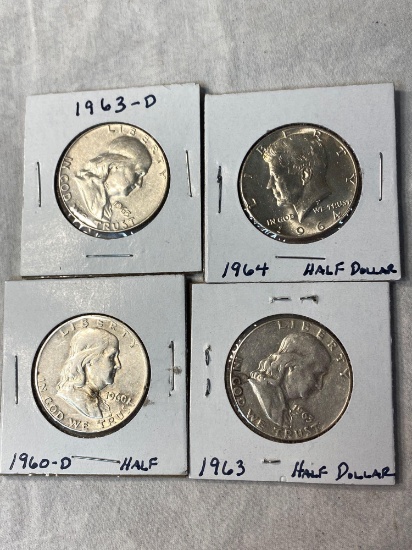 (4) Silver half dollars (1960-D, 1963, 1963-D, 1964). Bid times four.