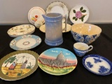 Blue ware pitcher, damaged spongeware bowl, plates.