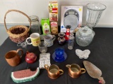 Canning jar lids, copper creamer & sugar, basket, digital kitchen scale, etc.
