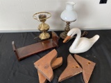 (2) Lamps, book holder, wooden swan, (4) shelf brackets.