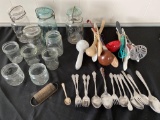 Canning jars, assorted flatware & kitchen utensils.