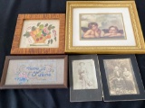 Old photos, (3) framed prints & needlepoint.