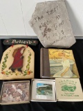 Greeting cards, Santa plaque, unused photo album, garden stone w/ wise wording.