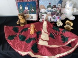 Christmas tree skirt, pillows, teddy bears, Hong Kong kewpie doll.