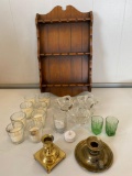 Spoon rack, brass & glass candle holders, (2) green shot glasses.
