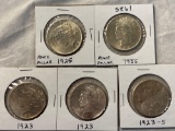 (5) Peace silver dollars (two 1923, 1924-S, two 1925). Bid times five.