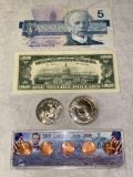 Variety incl. 1986 Canada $5, fake U.S. bill, (2) religious coins..