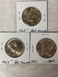 (3) 1967 Kennedy 40% silver half dollars. Bid times three.