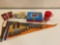 Cavaliers pennant, Andeker beer handle, Battleship game, Campbell's thermos, advertising tins.