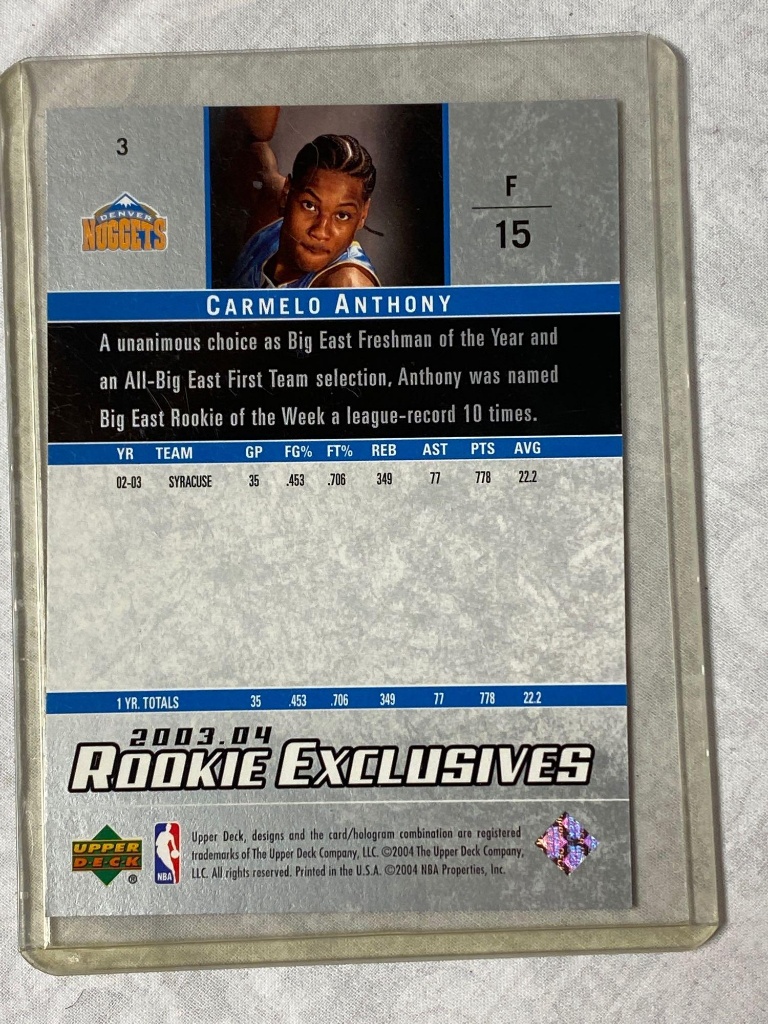 2003-04 Upper Deck Rookie Exclusives #3 Carmelo Anthony rookie card. | Art,  Antiques & Collectibles Collectibles Sports Memorabilia Sports Cards |  Online Auctions | Proxibid