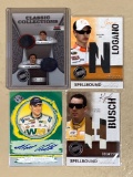 (3) NASCAR cards w/ tire cord swatches (Busch, Logan's, Gordon-Johnson), & Kenneth autograph.