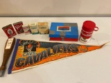 Cavaliers pennant, Andeker beer handle, Battleship game, Campbell's thermos, advertising tins.
