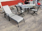 Patio table with 4 chairs, chaise lounge, umbella with stand