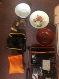 GoPro accessories, binoculars , enamel bowls, horse figurine