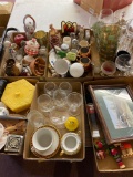 6 flats glasses, small collectibles, teacups, bridge picture, and more