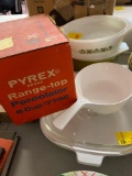 Pyrex percolator, Christmas dishes, old yearbooks, fire king dishes