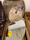 Oval mirrored dresser tray, wolf on wood tray