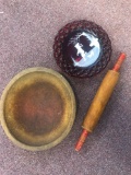 Wooden bowl, rolling pin, Westmoreland plate
