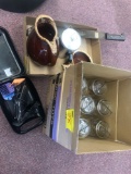 Canning jars, brown ware, coffee pot, hair trimmers, machete