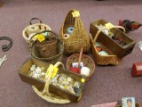 Sewing baskets, buttons, yarn