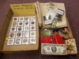 Assorted tokens, masonic jewelry, badges, coin bags