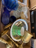 2 flats glass, candle sticks, brass, and more