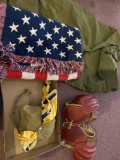 1 flat military bag, flag blanket, vintage football pads, Boy Scout canteen