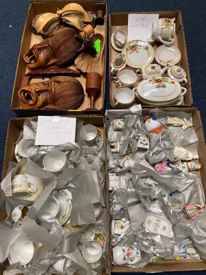 4 flats cups and saucers, child's tea set, carved wood items, demitasse some minis