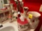 Lot of bathroom decor, red floral roses, includes rugs, towels and shower curtains and shelf on wall
