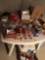 Plastic table and contents, wedding items, etc