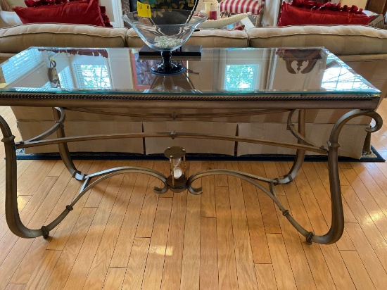 Console table with glass top, wrought iron base