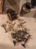Brass candlesticks, ship, vase