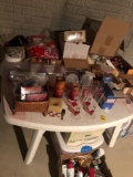 Plastic table and contents, wedding items, etc