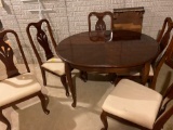 Dining set, 5 chairs, cherry, 1 leaf, one broken chair