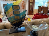 2 glass art pieces, one vase and one candy bowl