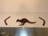 Wooden kangaroo wall art and 2 boomerangs